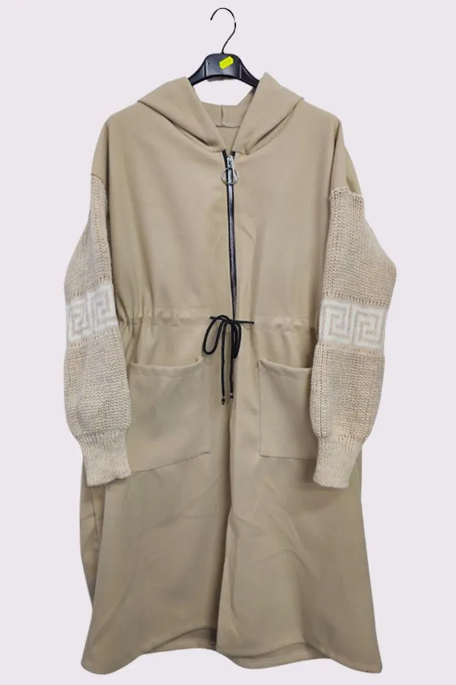 Plain Greek Key Knit Sleeve Waist String Jacket