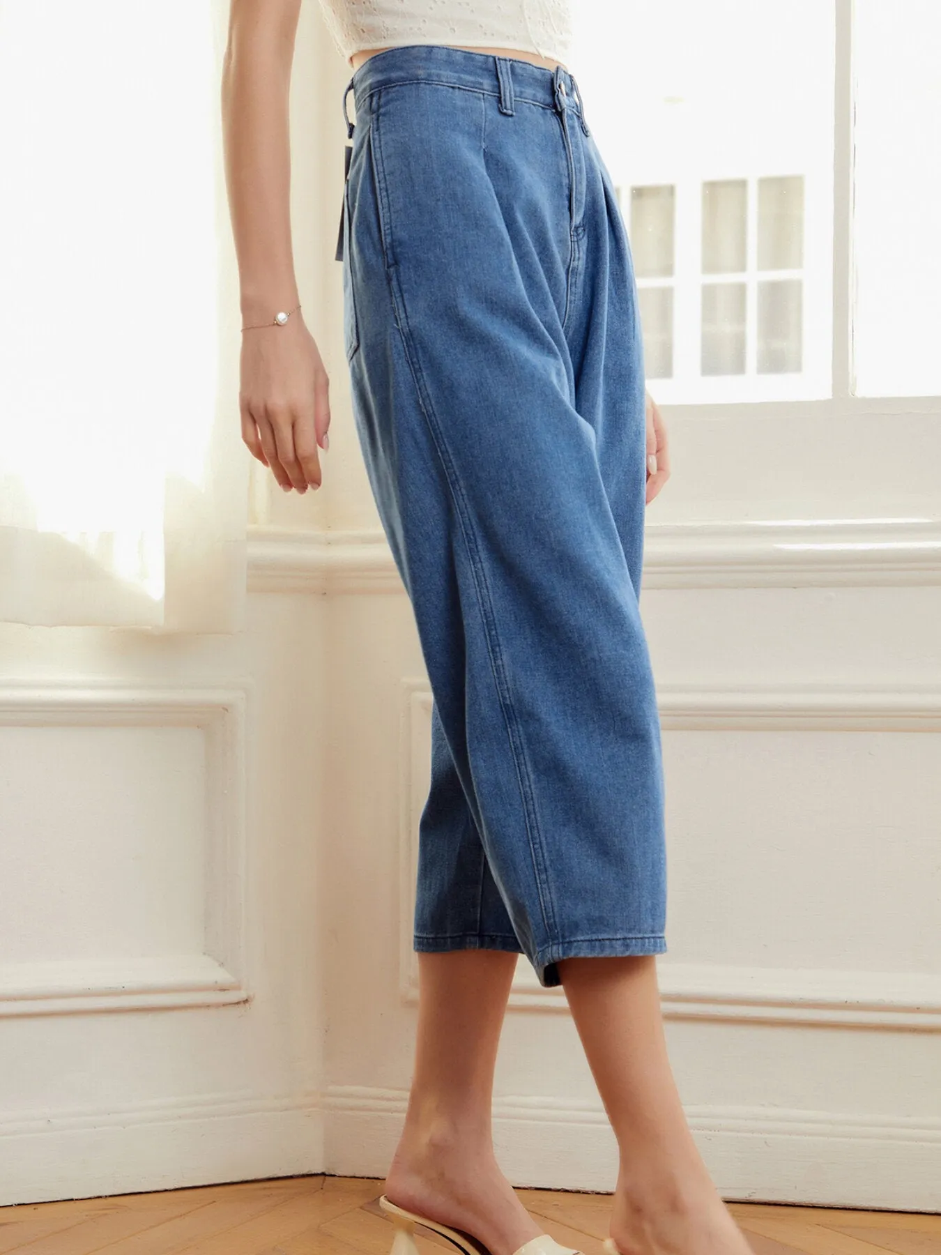 Plicated Wide Leg Cropped Jeans