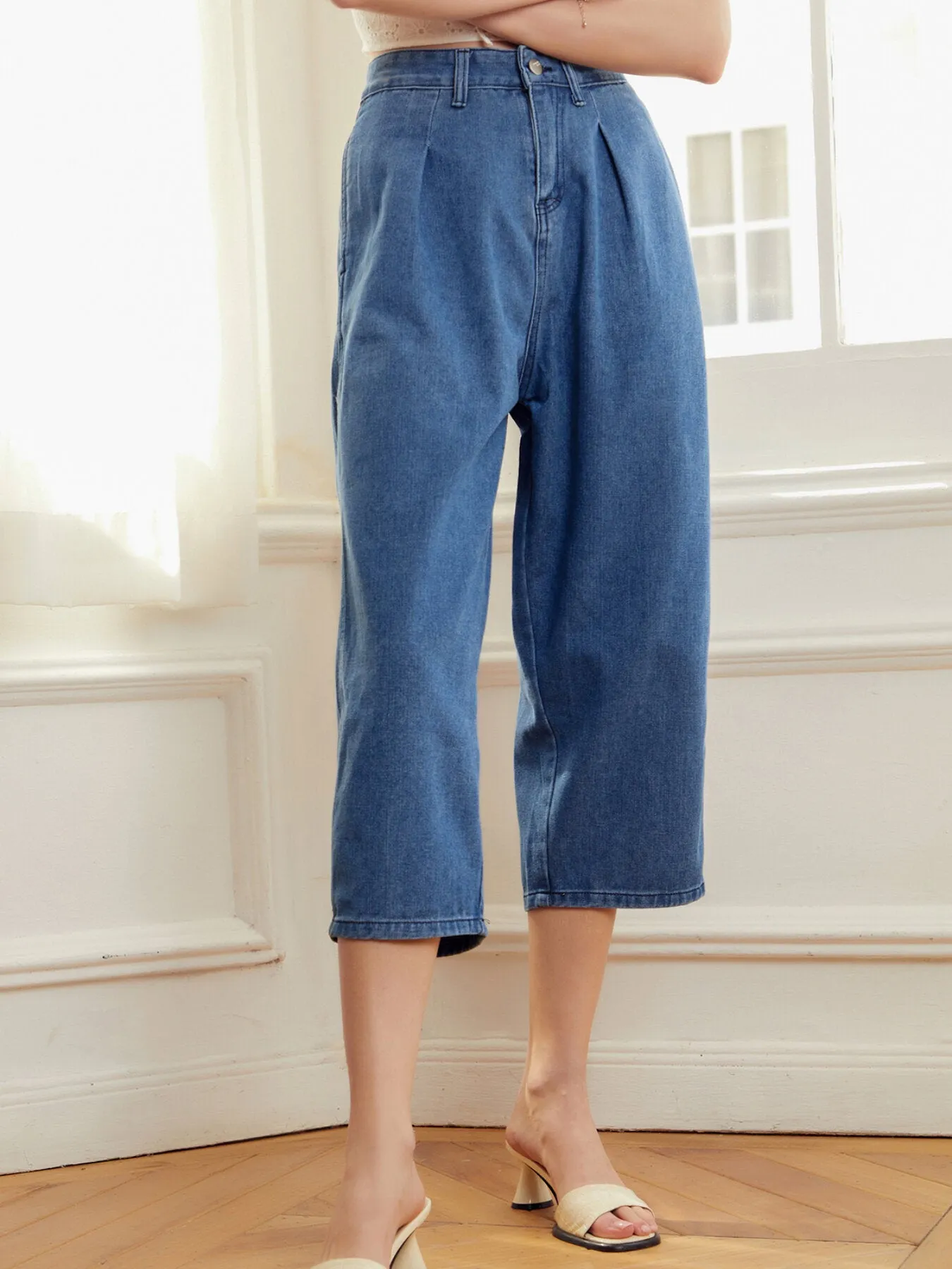 Plicated Wide Leg Cropped Jeans