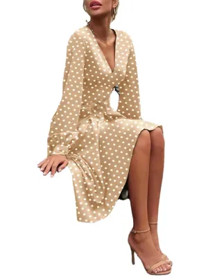 Polka Dot Print Long Sleeve V-neck Knotted Dress