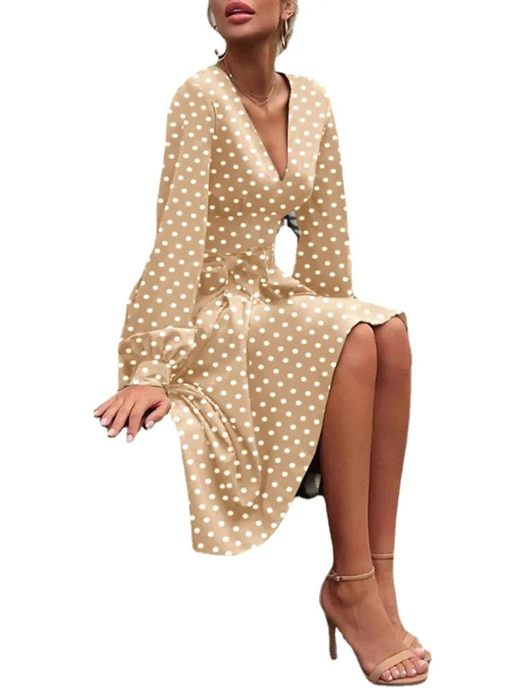 Polka Dot Print Long Sleeve V-neck Knotted Dress