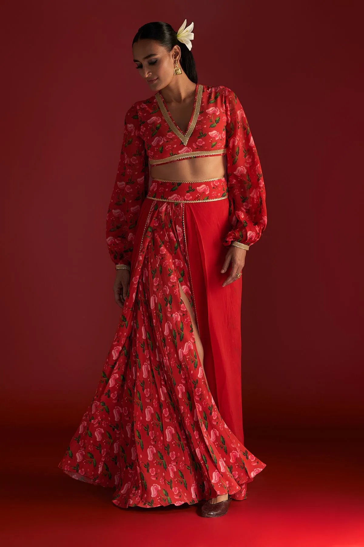 Red Rain Lily Layered Skirt Set