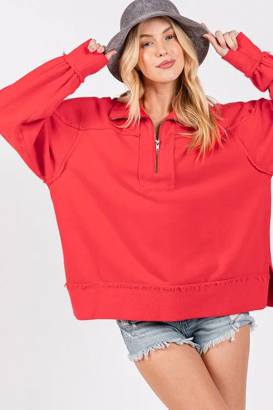 Red Washed Terry Zipup Pullover