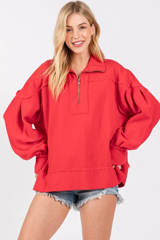 Red Washed Terry Zipup Pullover