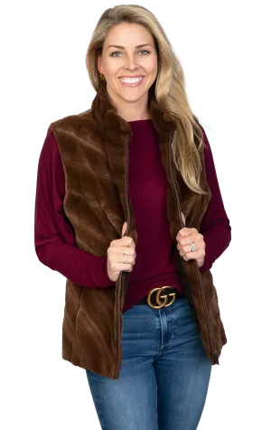 Sheared Vest with Leather Back Reversible to Taffeta