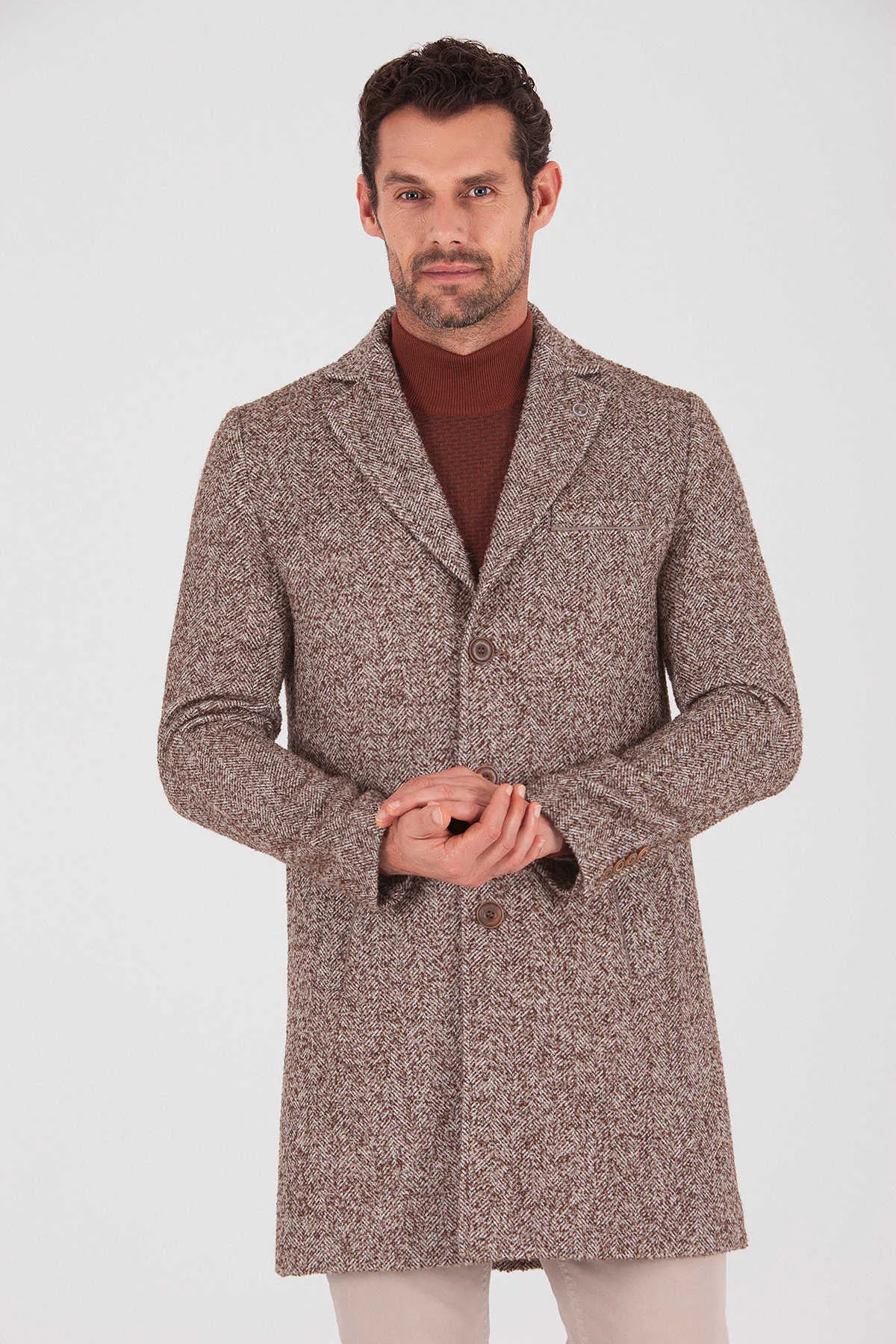 Slim Fit Notch Lapel Kanyon Wool Blend Brown Overcoat, Brown D.
