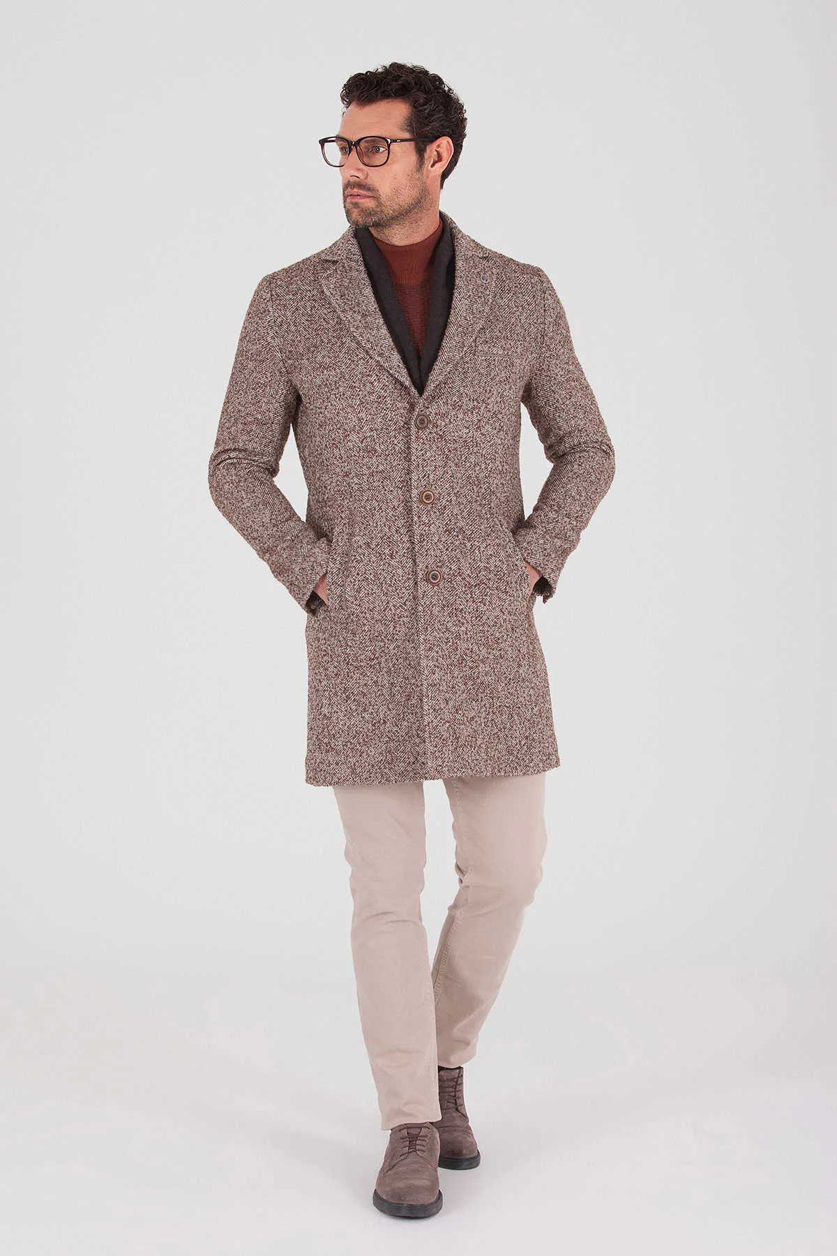 Slim Fit Notch Lapel Kanyon Wool Blend Brown Overcoat, Brown D.