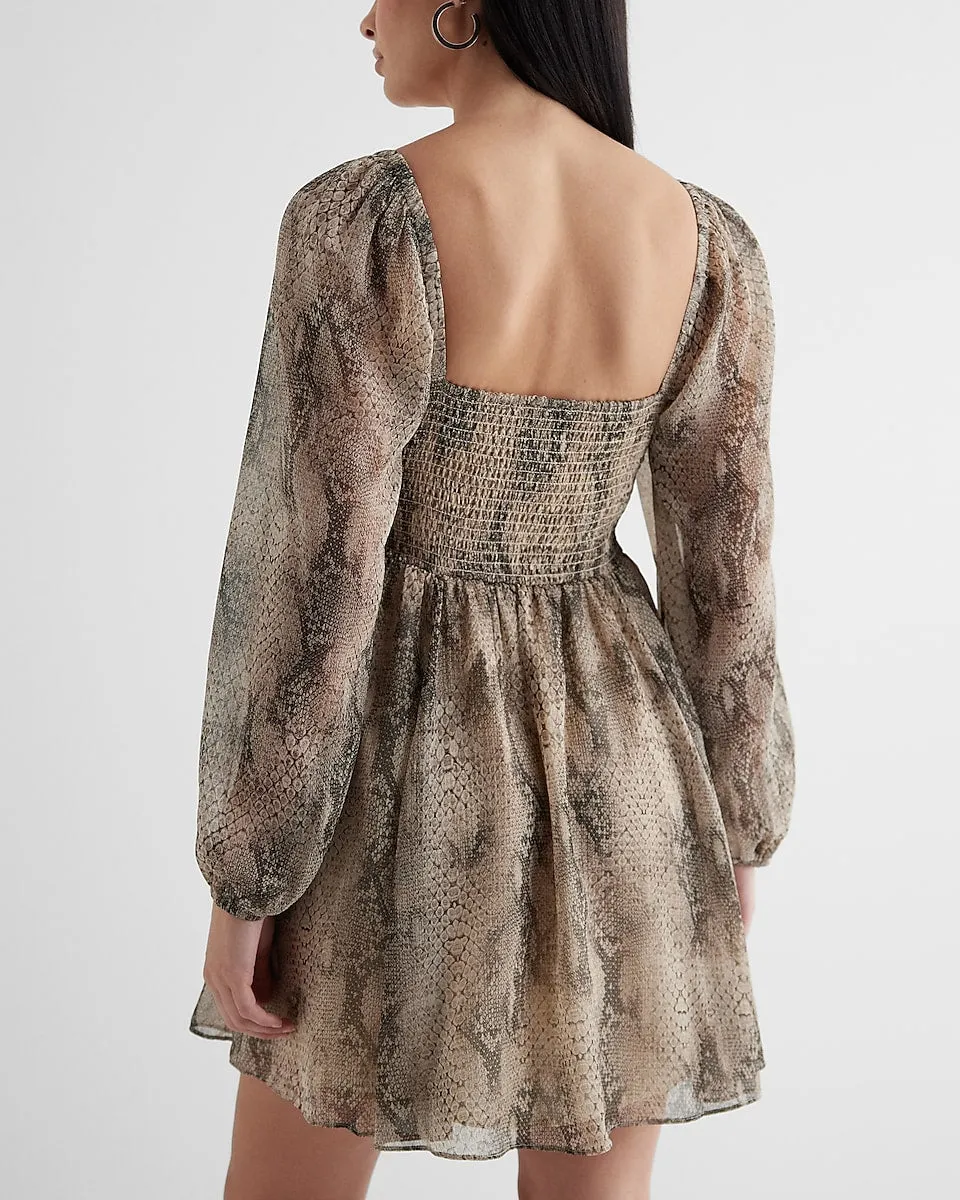 Snakeskin Sweetheart Neckline Long Sleeve Mini Babydoll Dress in Black Print