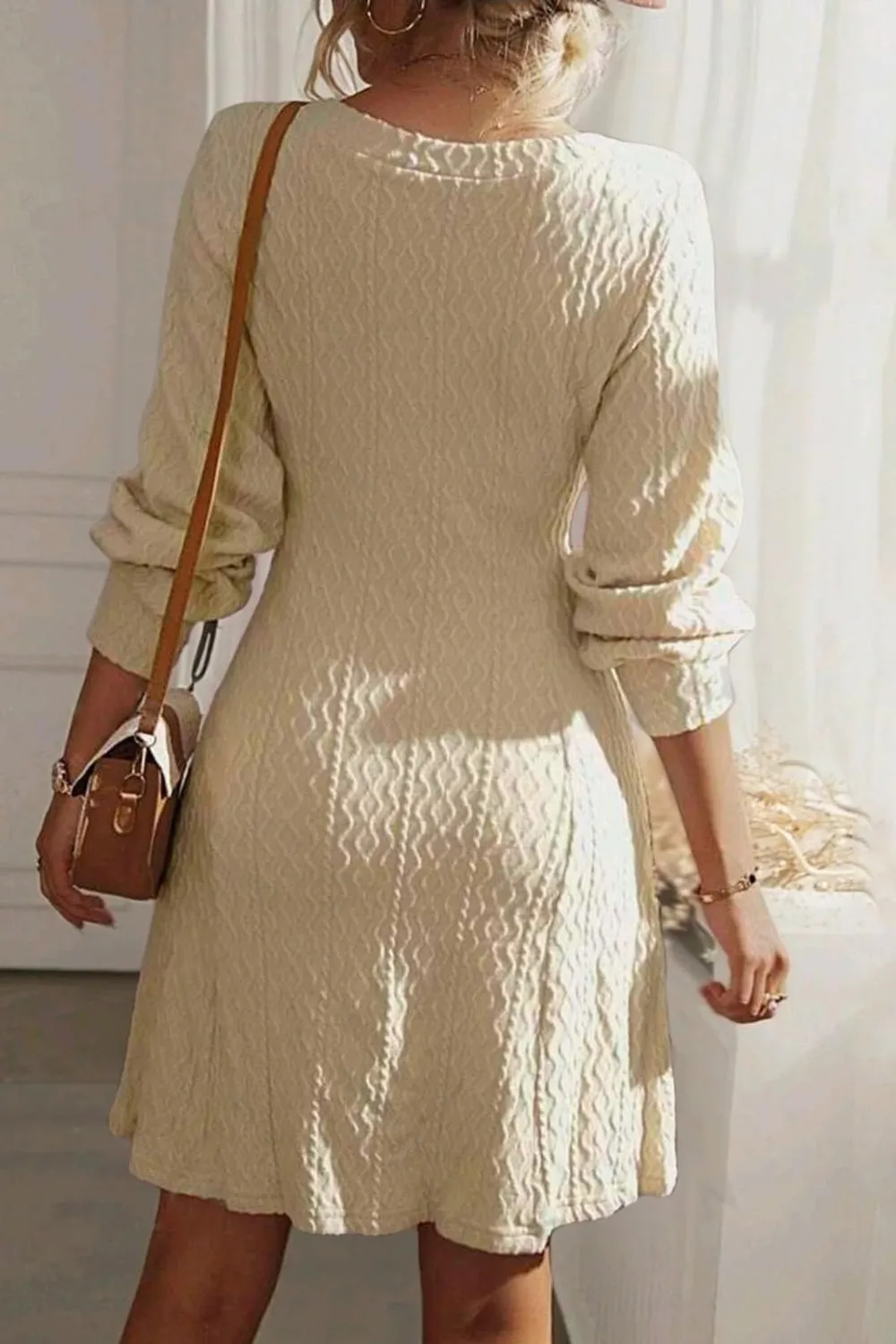 Textured V-Neck Long Sleeve Mini Dress | Winter Fashion | Winter Dresses