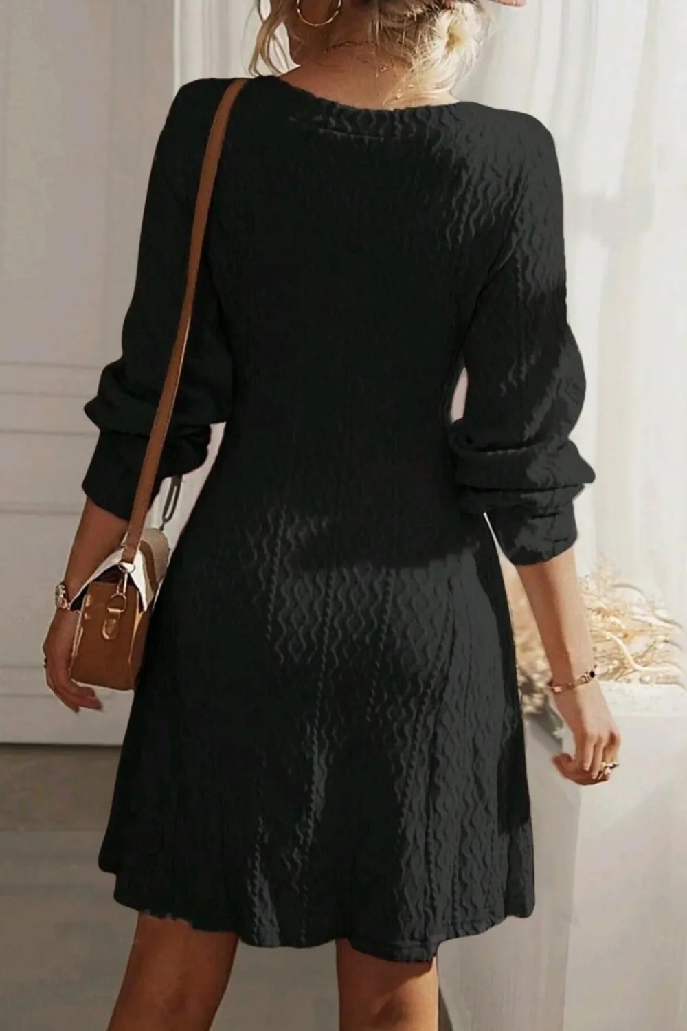 Textured V-Neck Long Sleeve Mini Dress | Winter Fashion | Winter Dresses