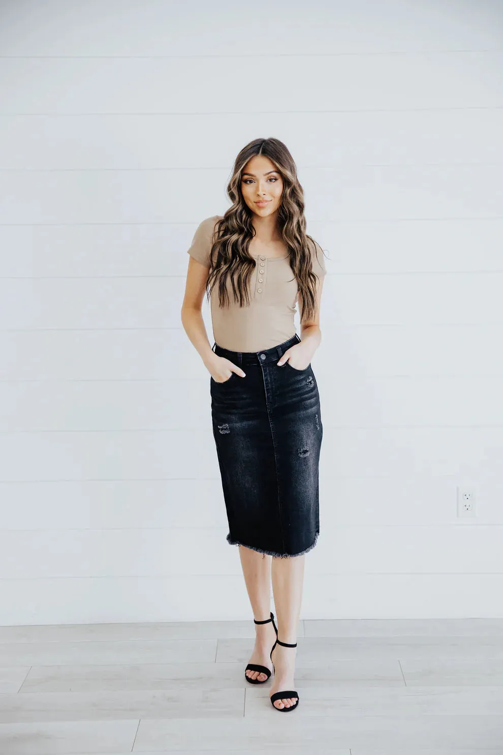 The Isabella Distressed Denim Skirt in Black