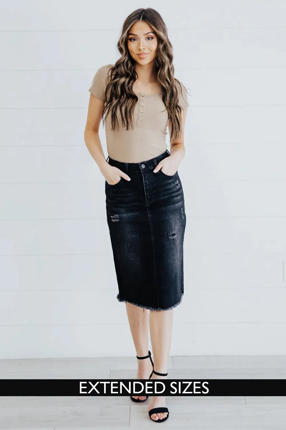 The Isabella Distressed Denim Skirt in Black