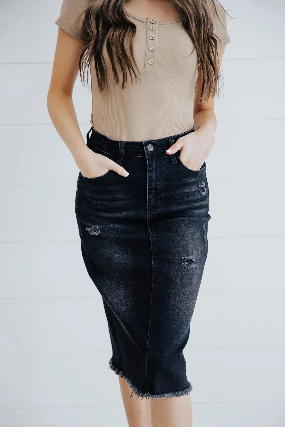 The Isabella Distressed Denim Skirt in Black