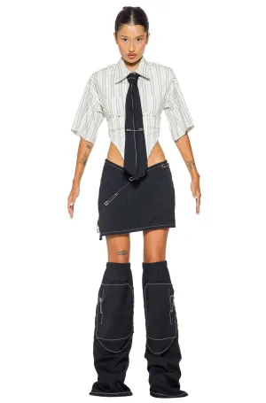 V LINE SKIRT IN BLACK PIN STRIPE SUITING