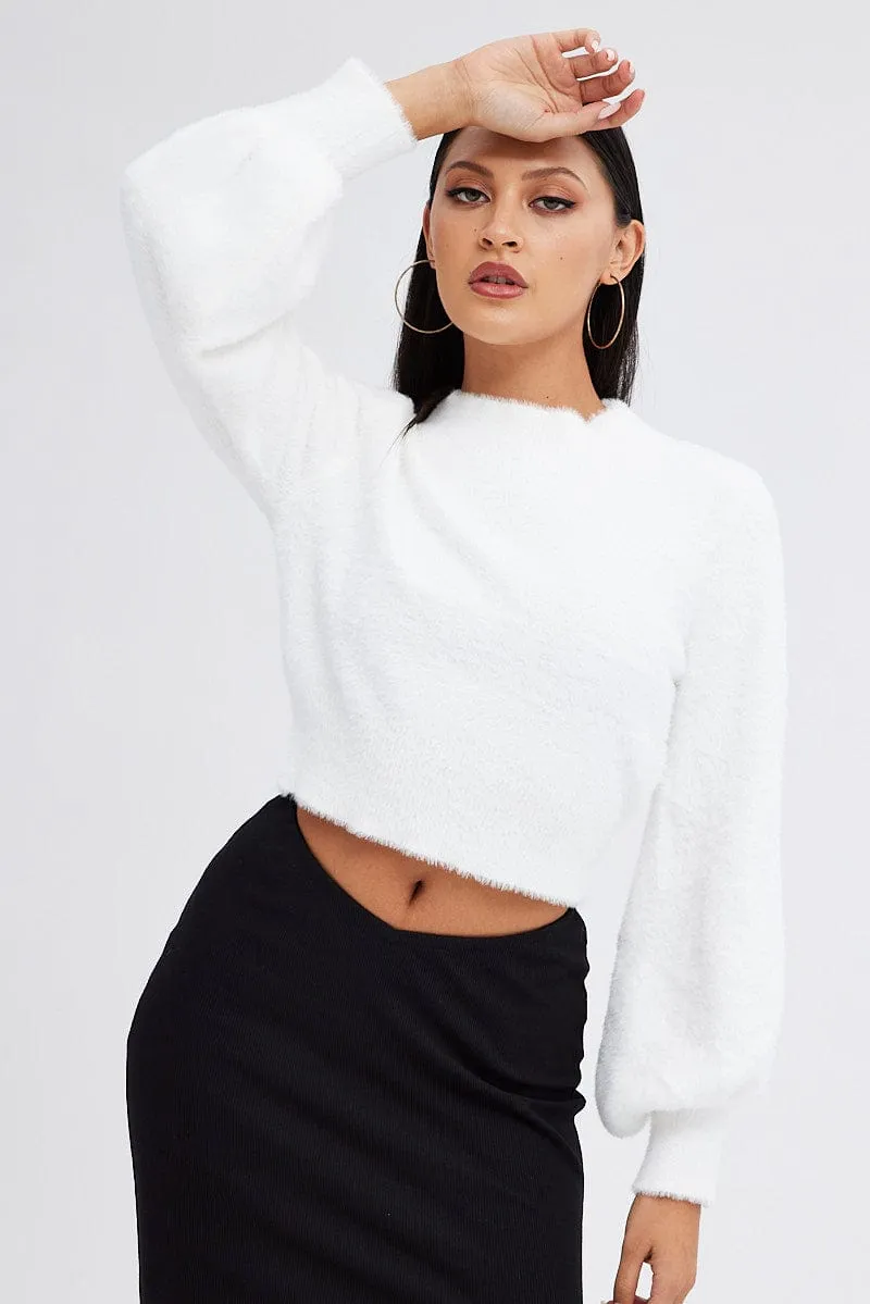 White Fluffy Knit Jumper Long Sleeve