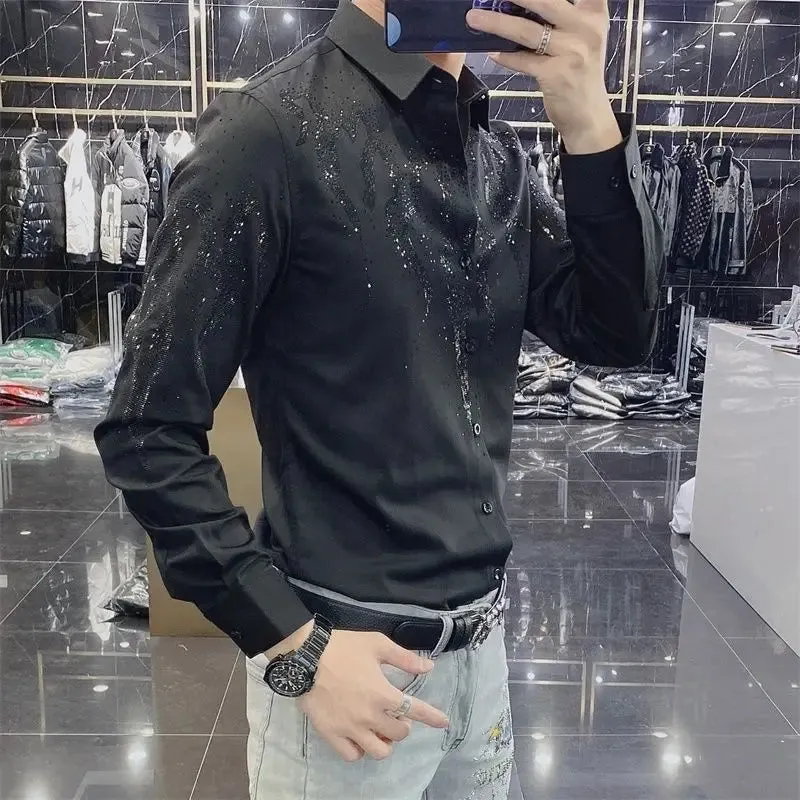 Wiaofellas  -  Fashion Lapel Button Long Sleeve Diamonds Shirts Men's Clothing Autumn Winter Oversized Casual Tops All-match Shirt
