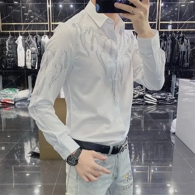Wiaofellas  -  Fashion Lapel Button Long Sleeve Diamonds Shirts Men's Clothing Autumn Winter Oversized Casual Tops All-match Shirt