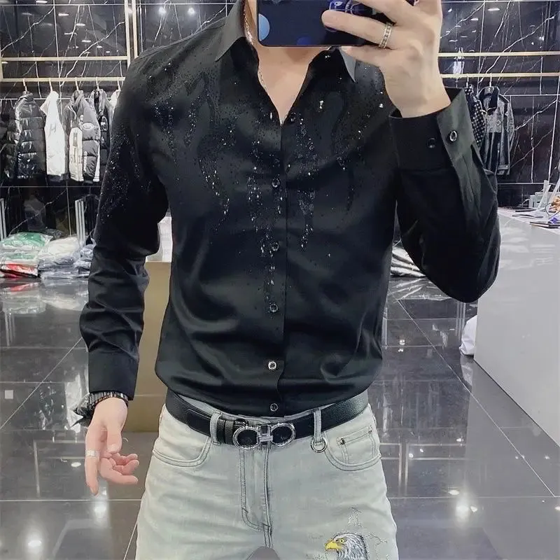 Wiaofellas  -  Fashion Lapel Button Long Sleeve Diamonds Shirts Men's Clothing Autumn Winter Oversized Casual Tops All-match Shirt