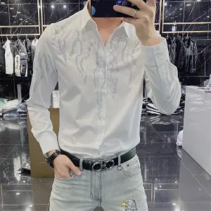 Wiaofellas  -  Fashion Lapel Button Long Sleeve Diamonds Shirts Men's Clothing Autumn Winter Oversized Casual Tops All-match Shirt