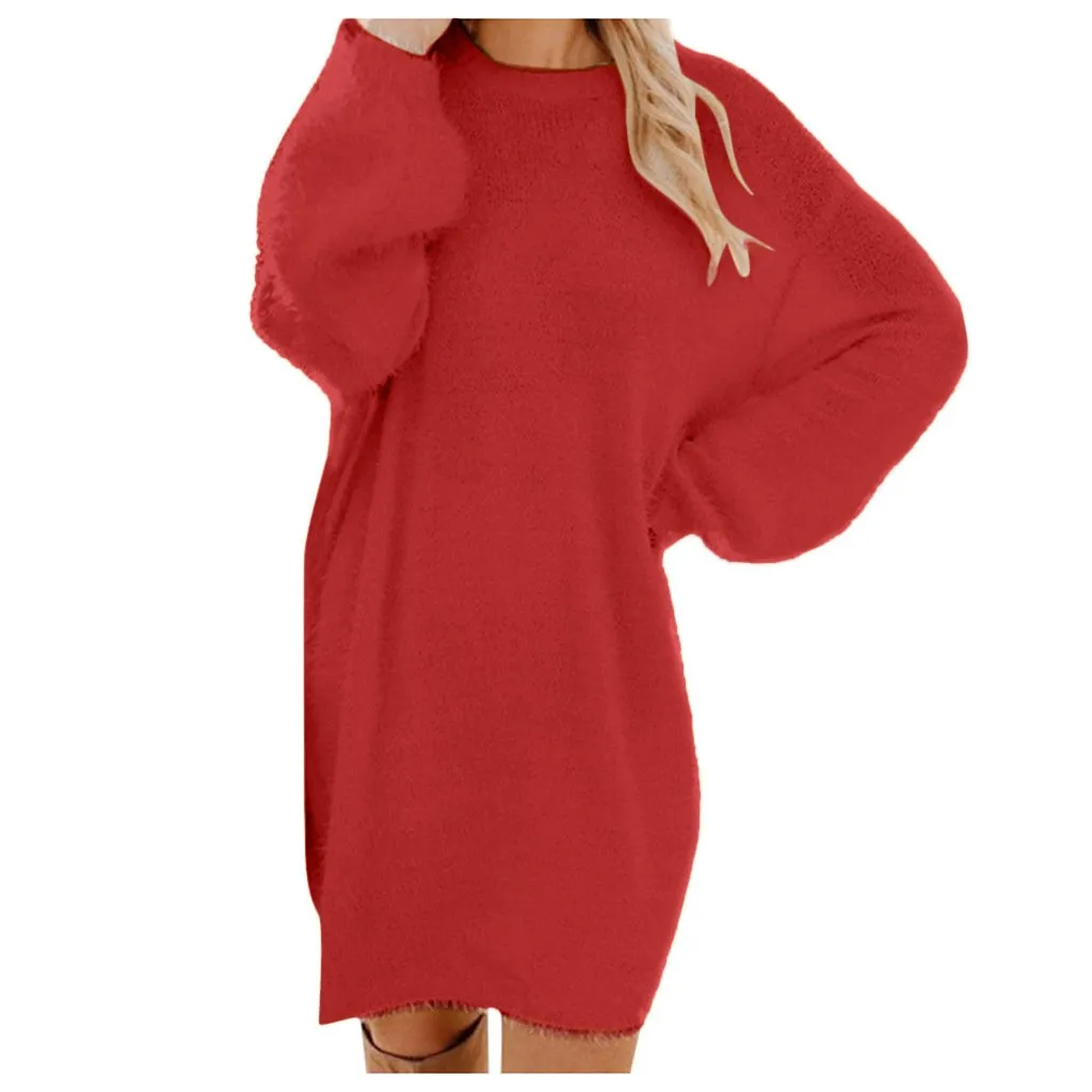 Women long dressy crew neck solid color fluffy sweater