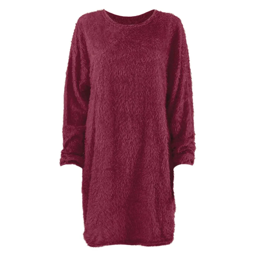 Women long dressy crew neck solid color fluffy sweater