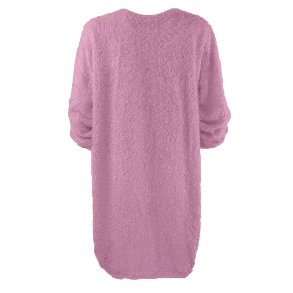 Women long dressy crew neck solid color fluffy sweater