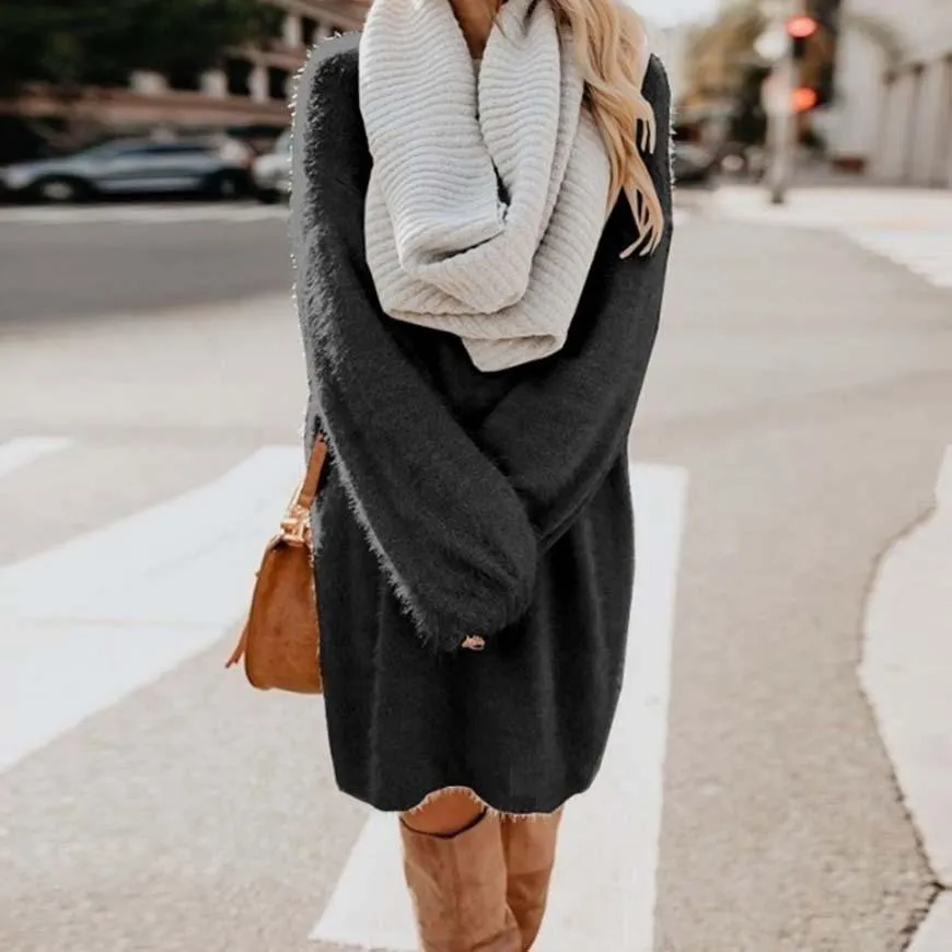 Women long dressy crew neck solid color fluffy sweater