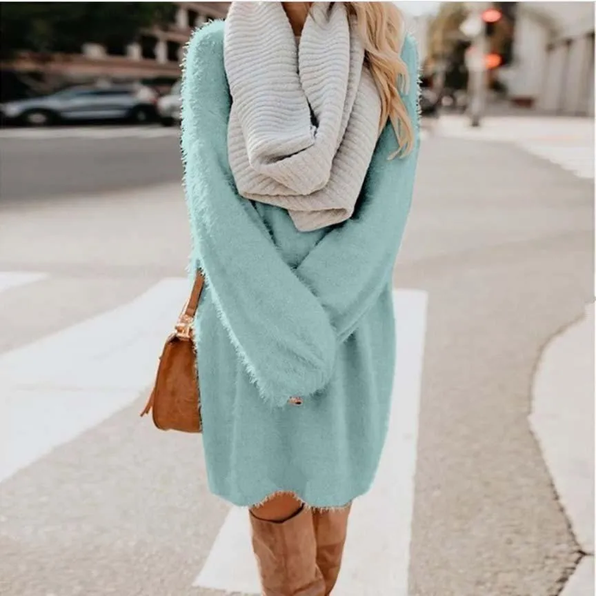 Women long dressy crew neck solid color fluffy sweater