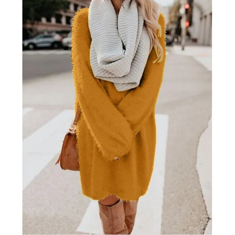 Women long dressy crew neck solid color fluffy sweater