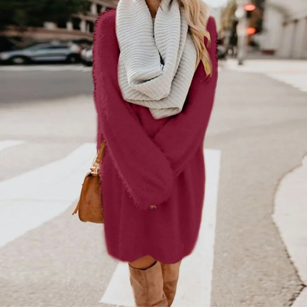 Women long dressy crew neck solid color fluffy sweater