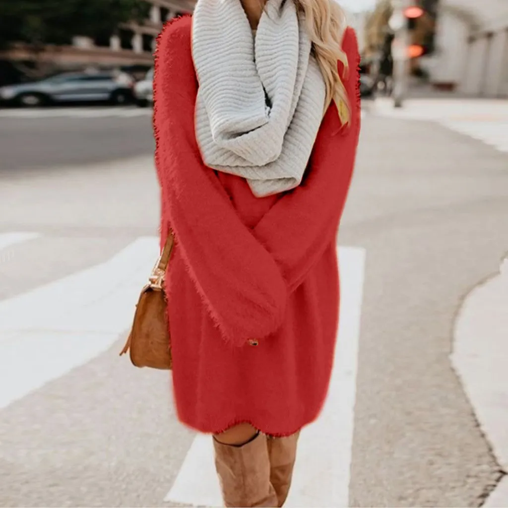 Women long dressy crew neck solid color fluffy sweater