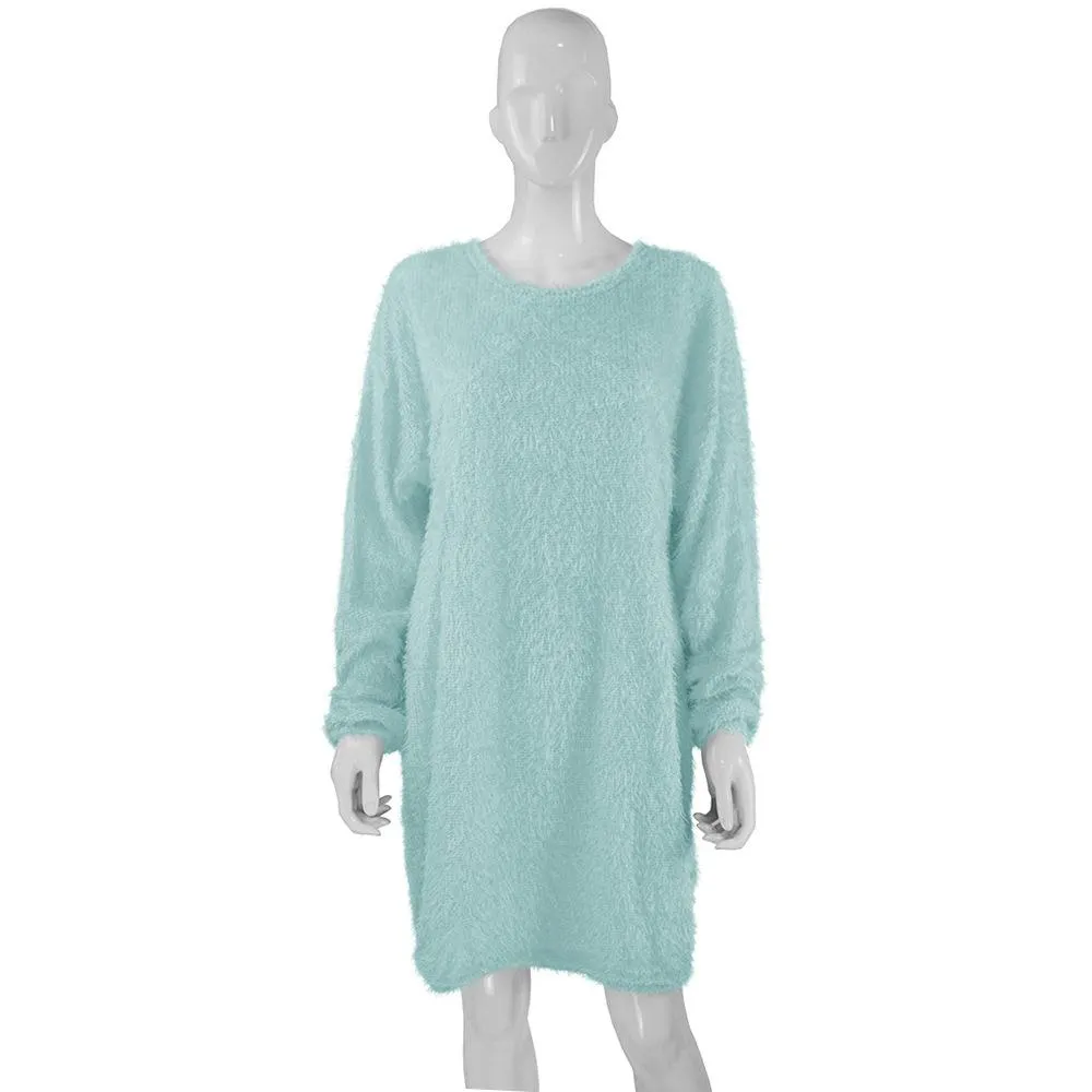 Women long dressy crew neck solid color fluffy sweater