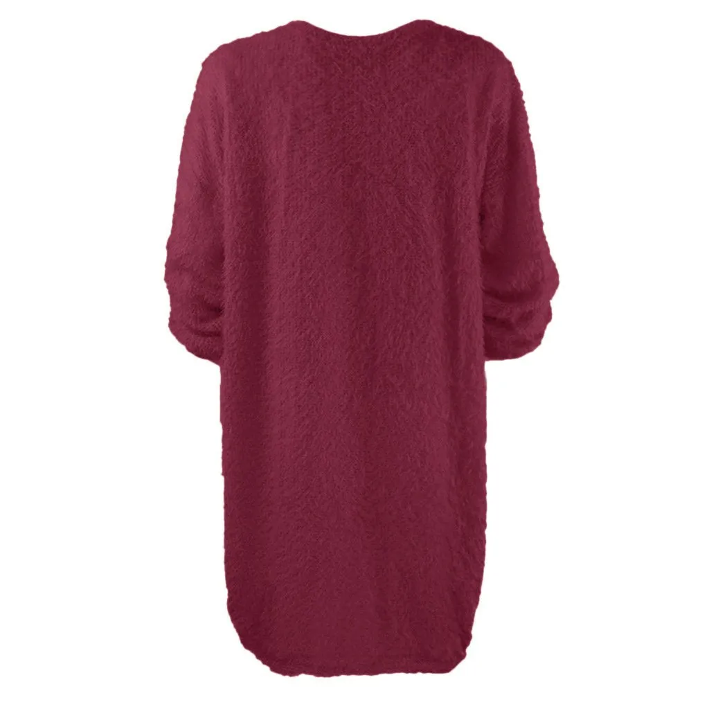 Women long dressy crew neck solid color fluffy sweater