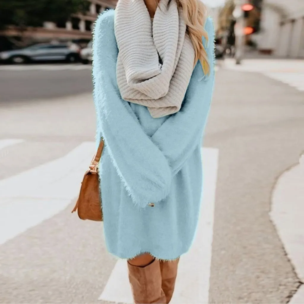 Women long dressy crew neck solid color fluffy sweater