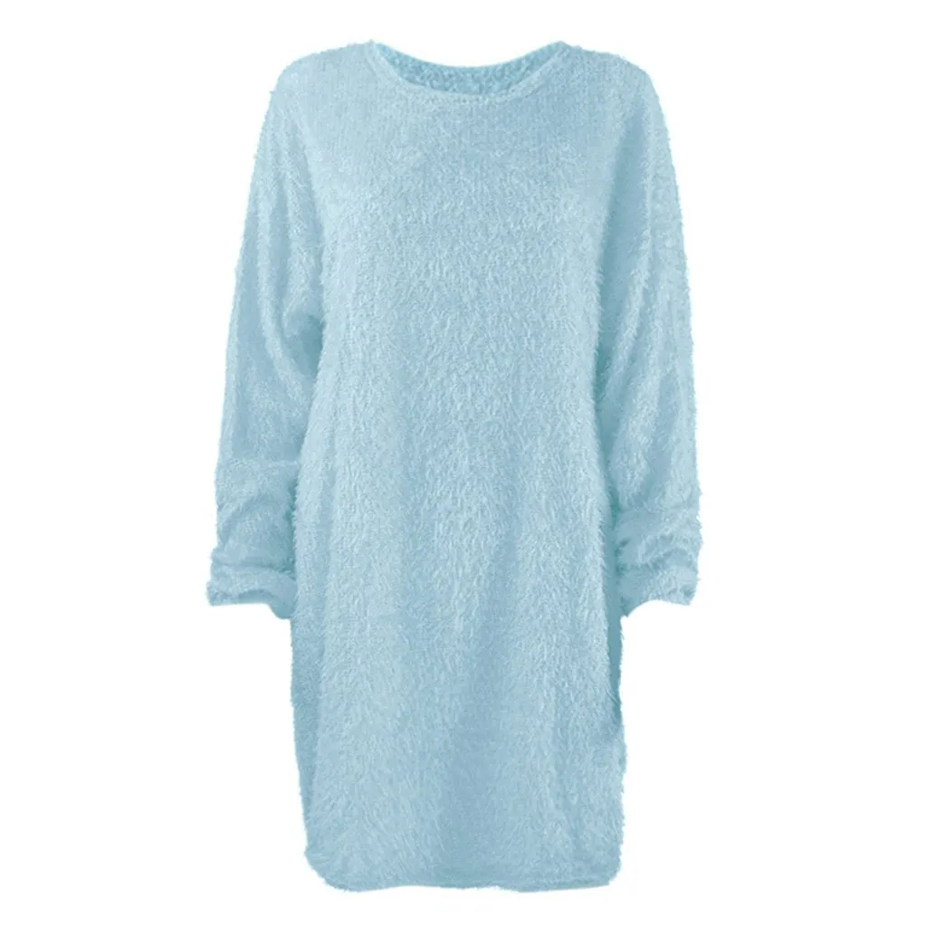 Women long dressy crew neck solid color fluffy sweater