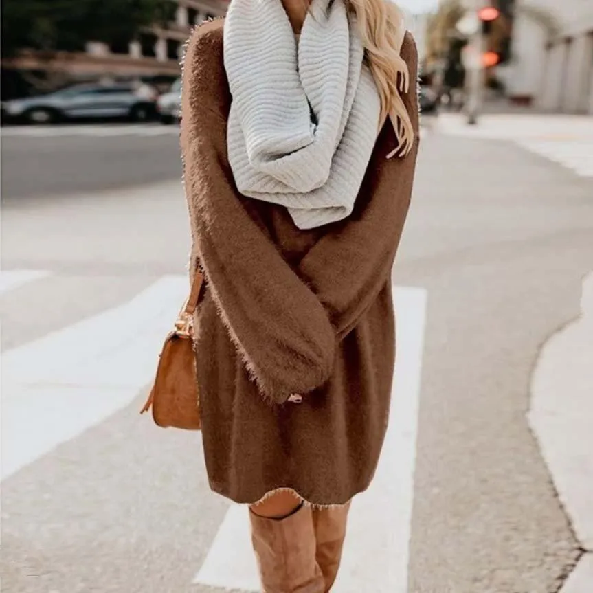 Women long dressy crew neck solid color fluffy sweater