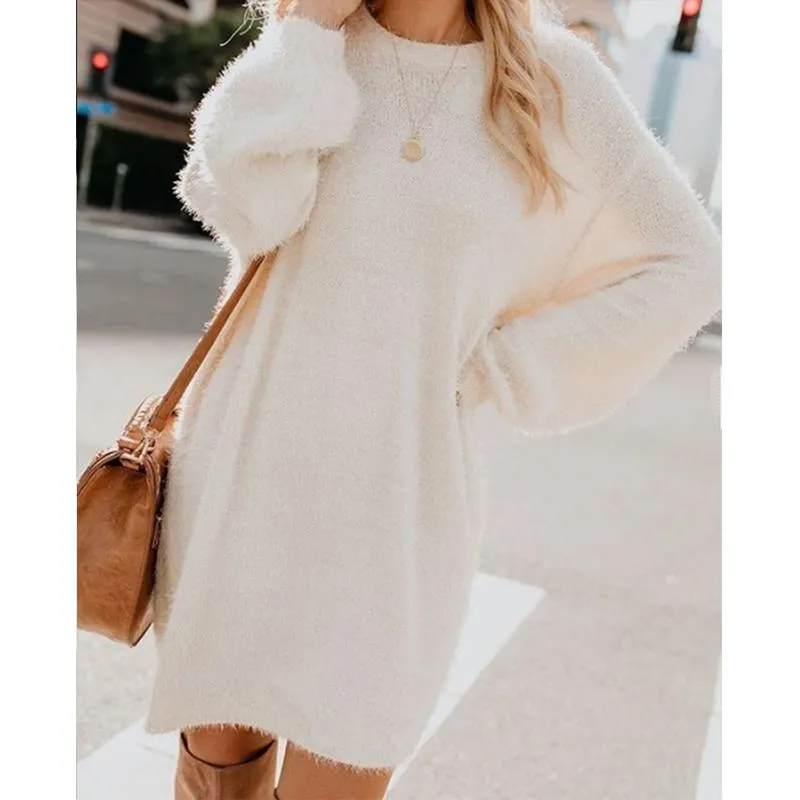 Women long dressy crew neck solid color fluffy sweater