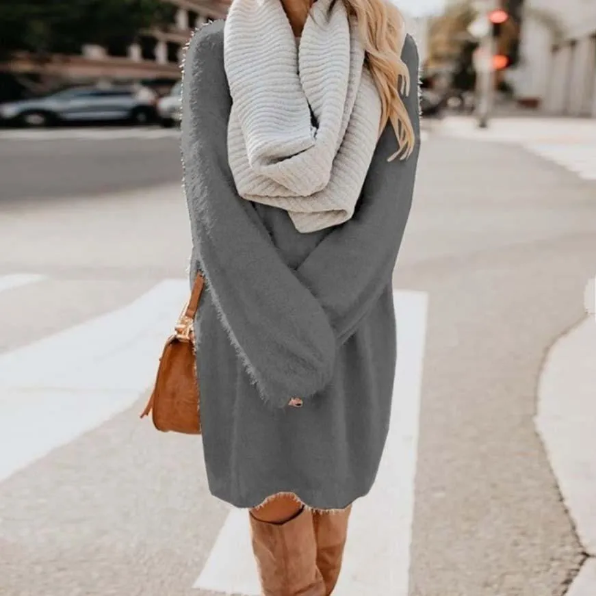 Women long dressy crew neck solid color fluffy sweater