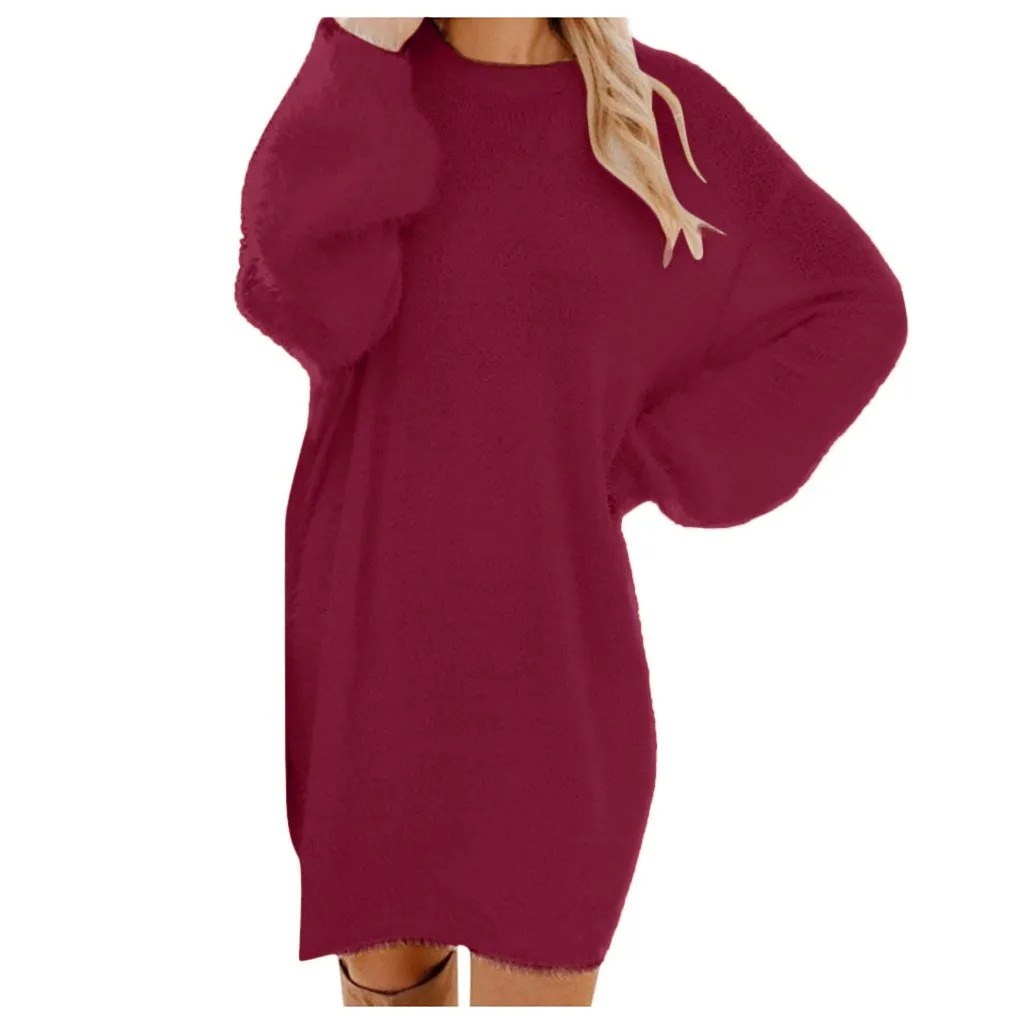 Women long dressy crew neck solid color fluffy sweater