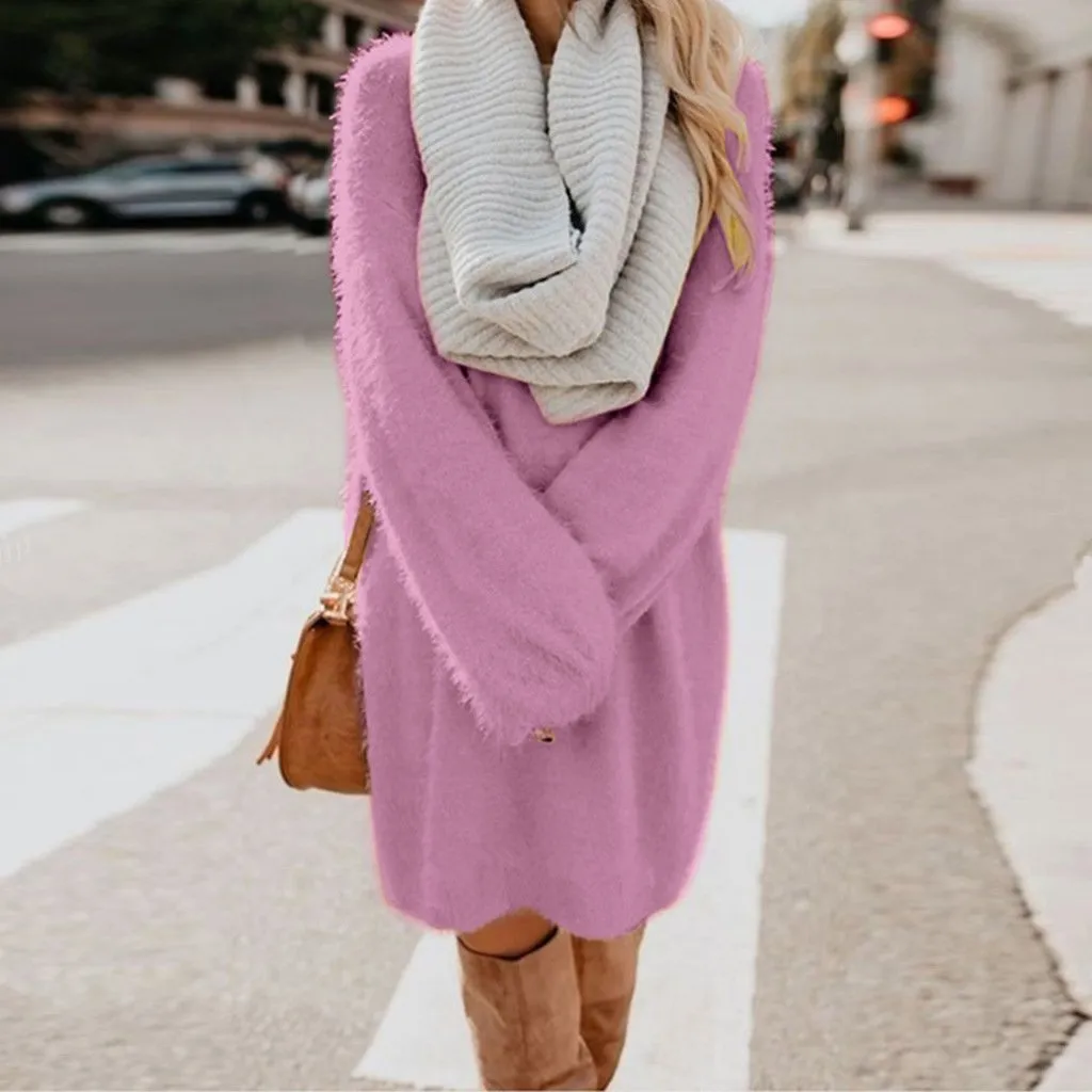 Women long dressy crew neck solid color fluffy sweater
