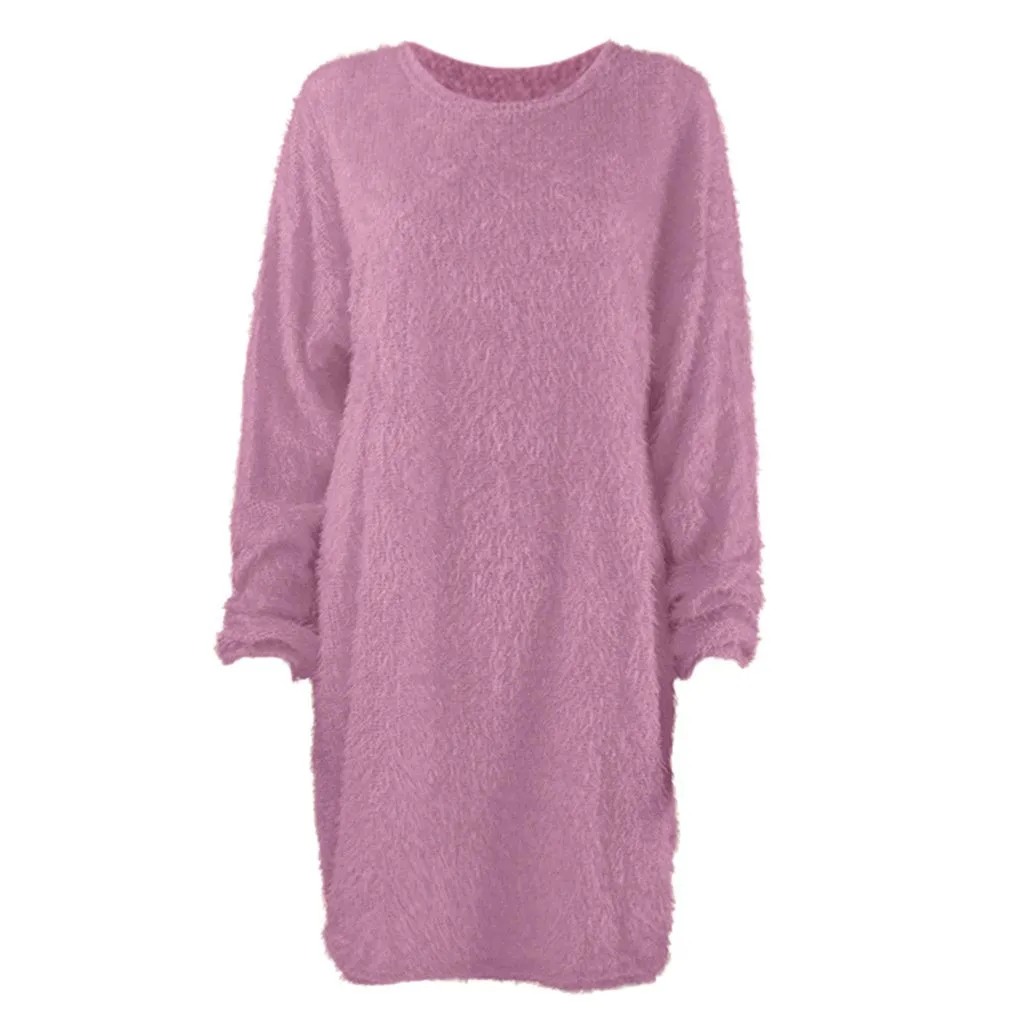 Women long dressy crew neck solid color fluffy sweater