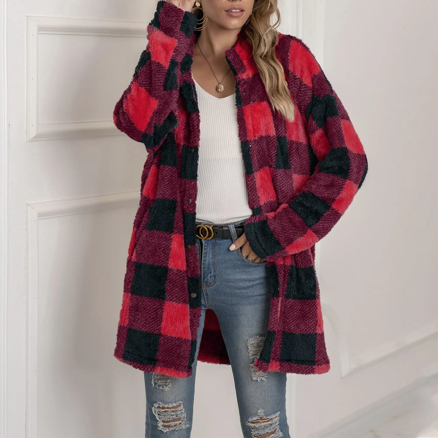 Women winter fall long sleeve color block plaid cardigan
