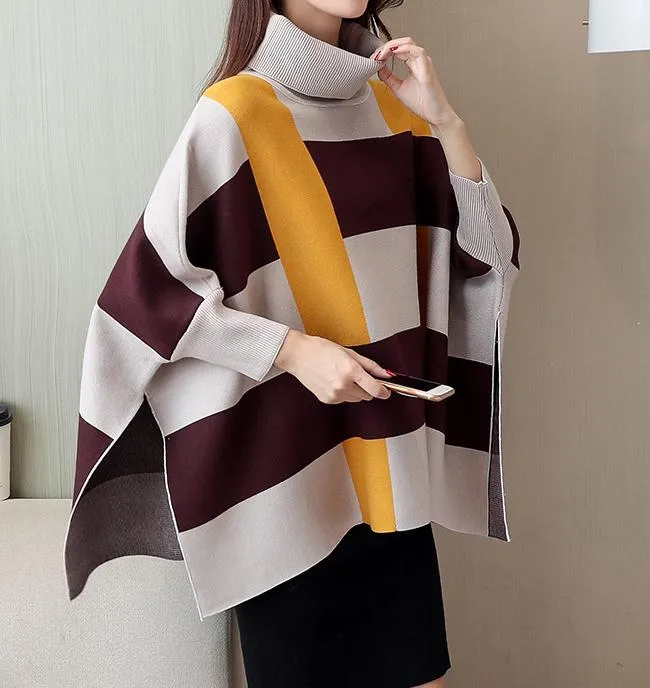 Womens Plaid Sweater Cape with Red Stripes