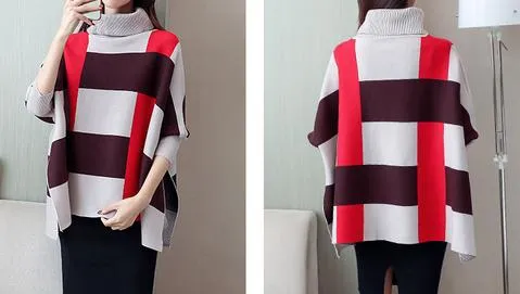 Womens Plaid Sweater Cape with Red Stripes