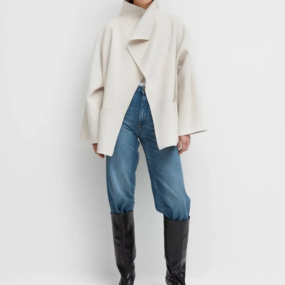 WOOL CASHMIRE  Big Lapel Collar Short Coat