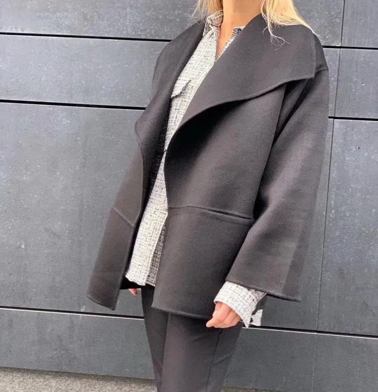 WOOL CASHMIRE  Big Lapel Collar Short Coat