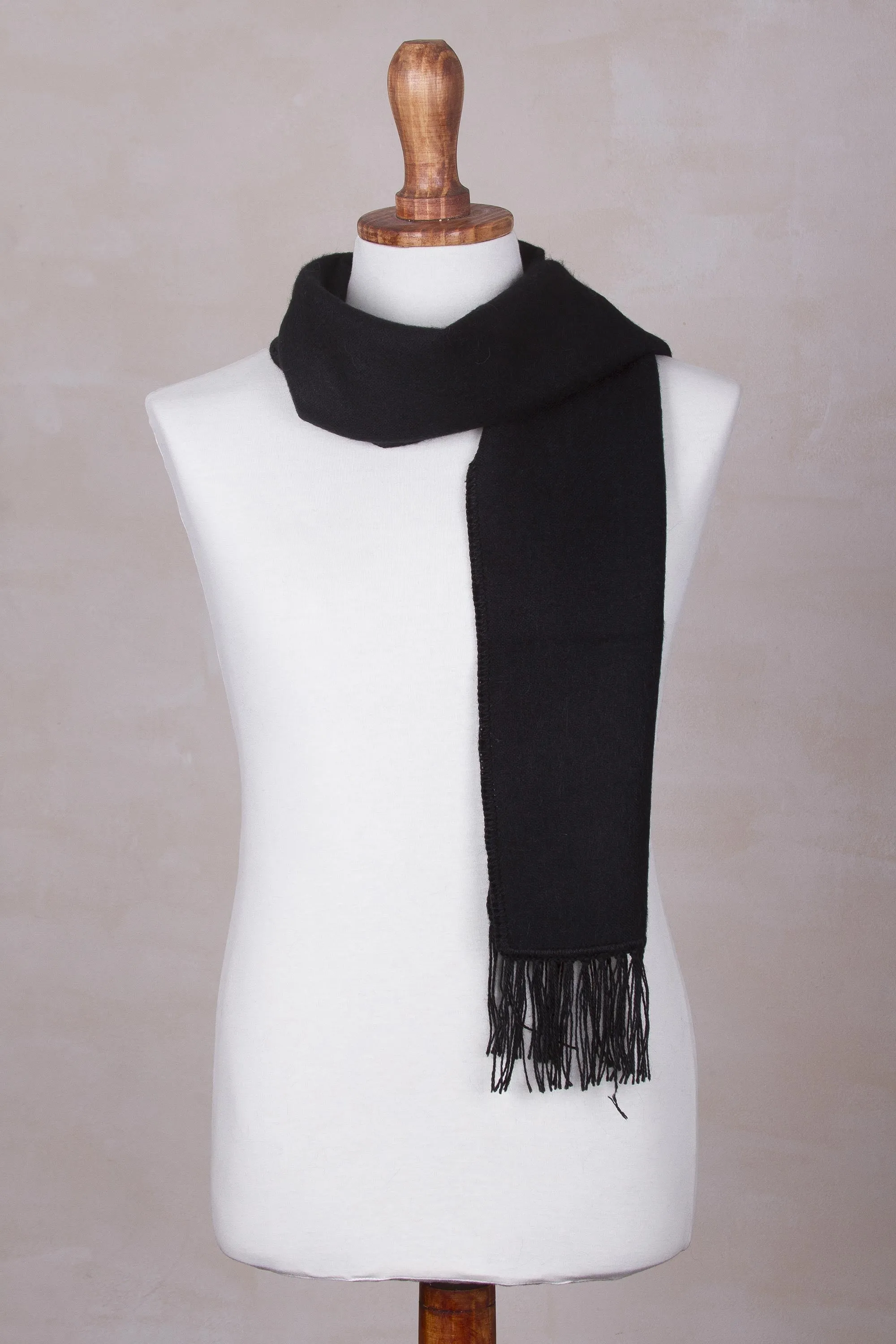 Woven Alpaca Blend Scarf for Men in Solid Black - Ebony Gift of Warmth | NOVICA